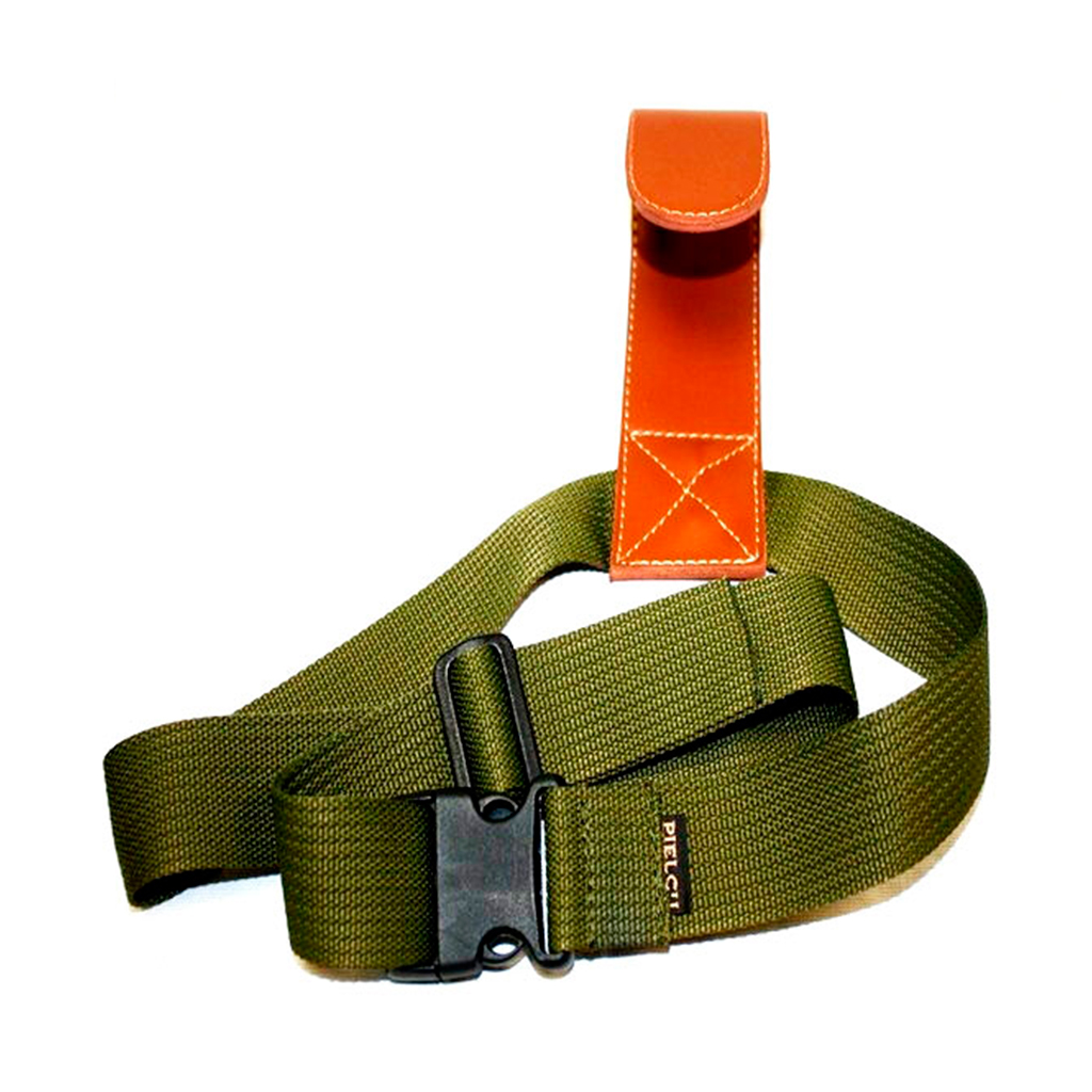 PORTA FUSIL CINTURA CURVO CUERO Y ACERO MARRON/VERDE